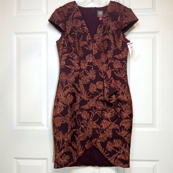 Vince Camuto New Jacquard Ruffle Bodycon Party Dress Burgundy Shimmer Sz 10 - Picture 2 of 9